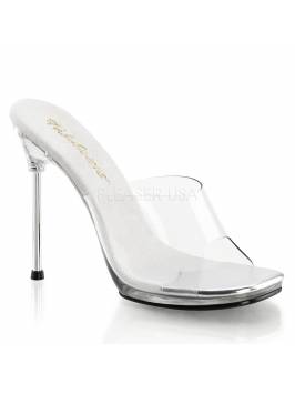 Clear Mules with 4 1/2″ silver pencil heels and 1/4″mini platform